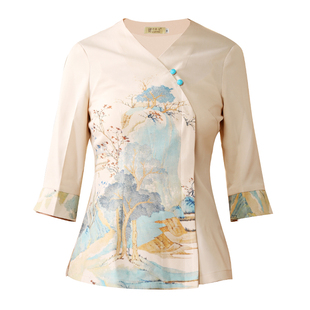 衣研堂古典中国风工作服女茶艺师服装茶楼茶餐厅服务员短袖夏装男