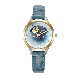 限定Star Jewelry昼夜更替日月星辰星空手表真皮腕表女士珊瑚蓝