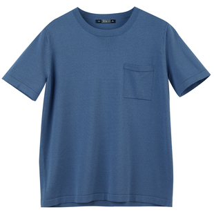 大码小圆领蓝色半袖中年妈妈短袖夏装打底针织衫毛衣短款薄款宽松