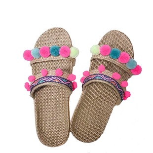 三亚海边度假草编毛球鞋度假旅游外穿女鞋居家舒适夜市亚麻拖鞋