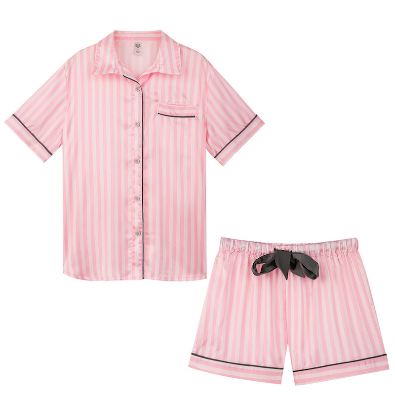 娅尔丽印花条纹冰丝绸缎面睡衣女夏季薄款短袖短裤家居服两件套装