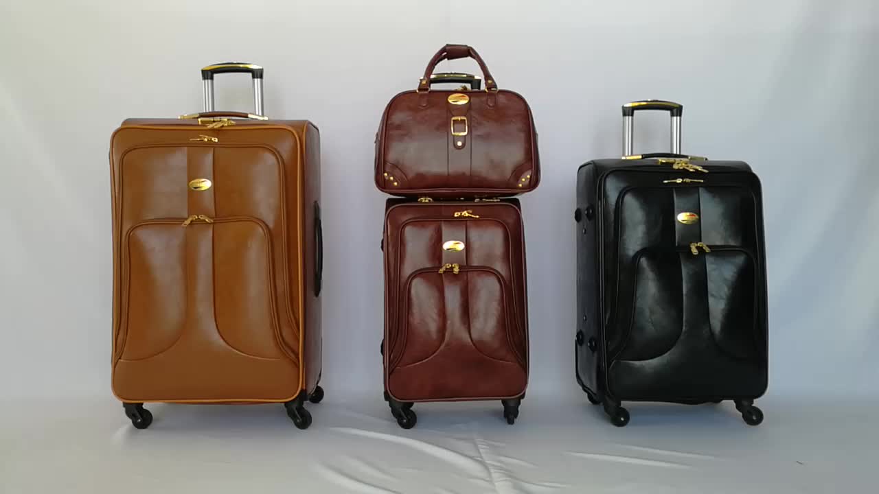 Rolling Spinner Carry On Leather Suitcase 4 Wheels Leather Luggage 4 Sets - Buy Leather Luggage ...