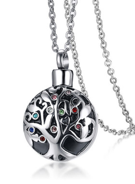 钛钢圆形生命树骨灰盒吊坠项链