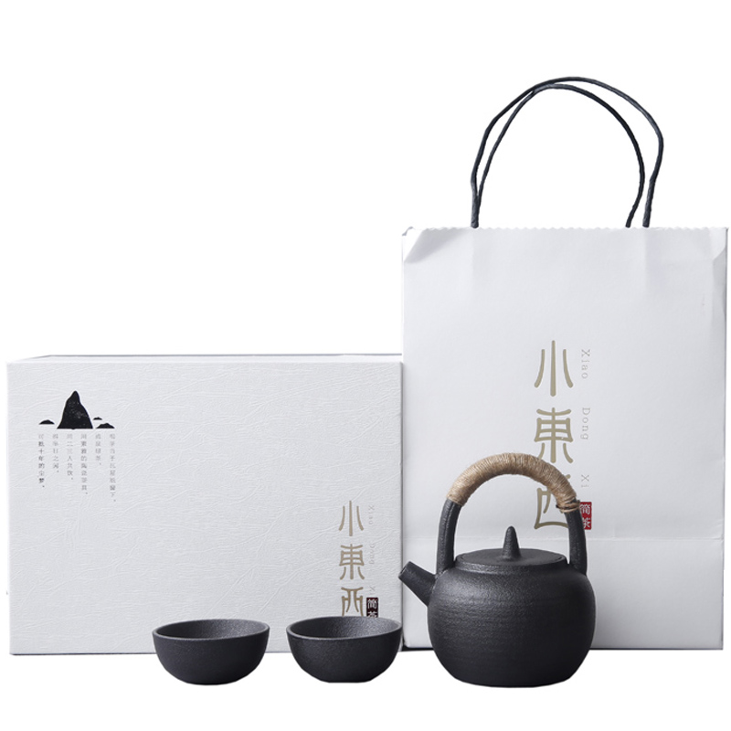 日式粗陶 提梁壺一壺兩杯 功夫茶具套裝 泡茶器 家用送禮茶壺過濾