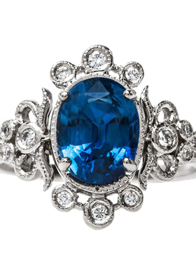 定做复古风白金来图蓝宝石戒指