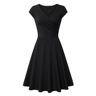 春夏收腰百褶晚装纯欲风大码性感中长裙短袖修身大摆连衣裙高级感