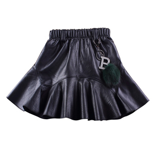 洋气PU皮短裙秋冬女童半身裙水洗皮新款童装鱼尾小裙子儿童红黑粉