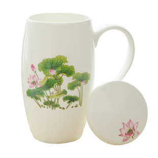 700ML大容量带莲花图案的杯子陶瓷带盖无勺文艺清新骨瓷马克杯女