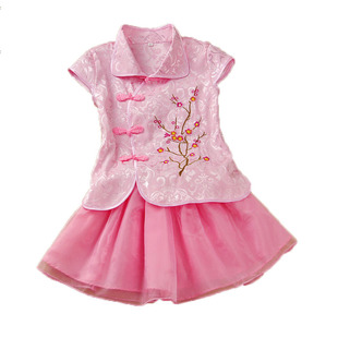 女童唐装夏季公主纱裙套装童装夏天装旗袍短裙儿童节民族舞蹈礼服