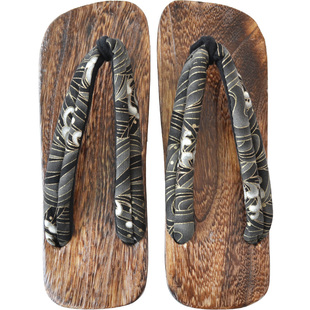 汉晋平跟偏洞木屐男烫金波浪纹中式木屐鞋橡胶底木拖鞋男人字拖鞋