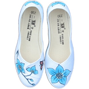 手绘布鞋女春夏秋浅口低帮套脚软底防滑舒适小白鞋唯美国风汉服