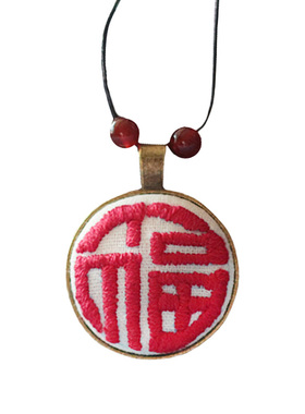 新款原创手工刺绣福喜牛皮绳项链