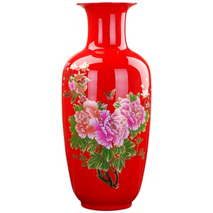 景德镇中国红牡丹陶瓷花瓶摆件 客厅卧室喜庆结婚乔迁送礼大号285