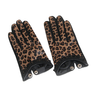 特价新款 狂野奔放女式豹纹薄绵羊皮真皮手套 短款搭扣式保暖蕾丝