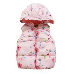 女宝宝女童1-6岁加绒加厚羽绒棉碎花马甲带帽拉链韩版棉外套