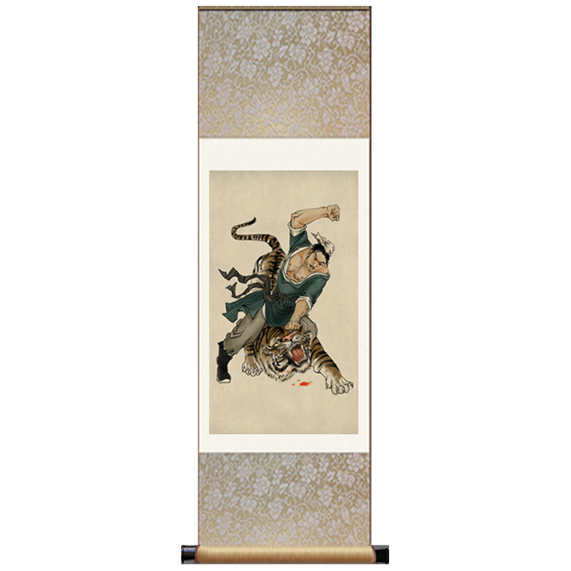 水浒传 名画丝绸画卷轴武松打虎玄关风水画茶楼装饰画挂画送老外