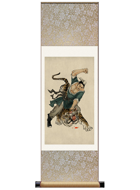 水浒传 名画丝绸画卷轴武松打虎玄关风水画茶楼装饰画挂画送老外