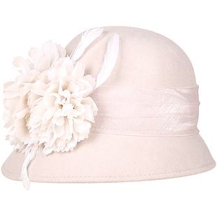 EE帽子女秋冬天小礼帽潮 英伦时尚羊毛呢帽 韩国花朵冬季圆顶礼帽