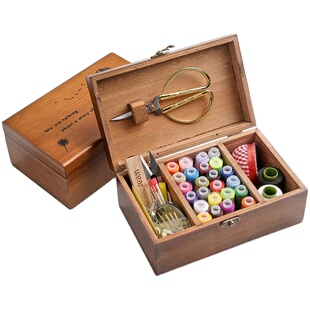 家用大号复古木制针线盒套装包邮缝纫便携阵线盒针线包缝补收纳盒
