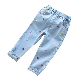 女童刺绣小花牛仔裤2025春秋新款外贸儿童宝宝软牛仔松紧腰长裤
