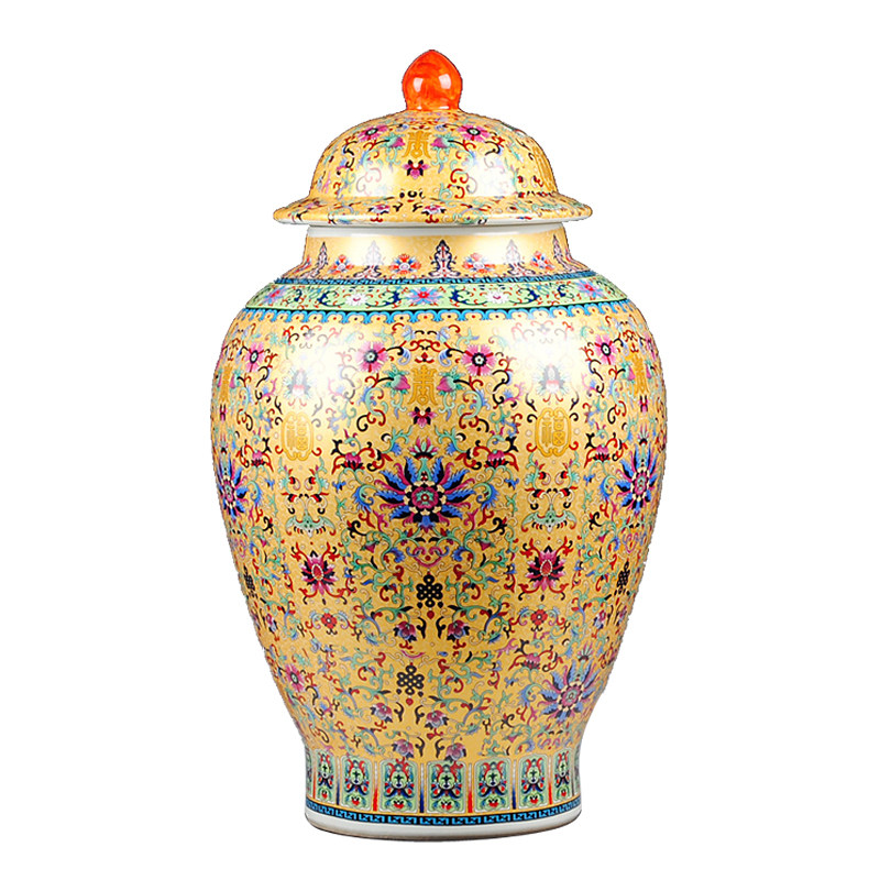景德镇陶瓷器 高档欧式珐琅彩50斤米缸 储物仿古将军罐摆件 大号