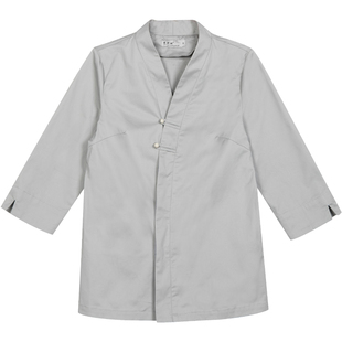 2024纯棉中式盘扣厨师工作服银灰茶楼茶馆中餐厅服务员工作服中袖