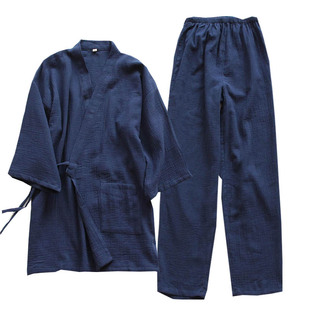 纯棉绉布纱布家居服男水洗棉春秋日式和服睡衣两件套和风纯色薄