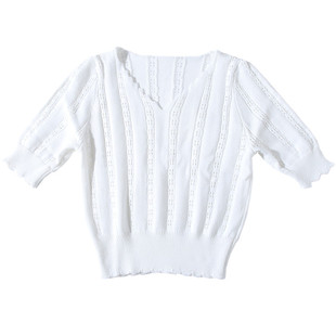 冰丝针织短袖女上衣修身性感V领ins短款体恤衫高腰镂空薄款t恤