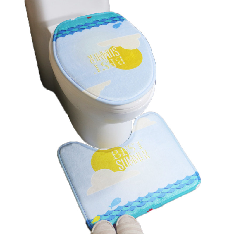 地中海蓝色海洋个性通用卫生间U型马桶垫两件套 加厚马桶盖垫坐垫