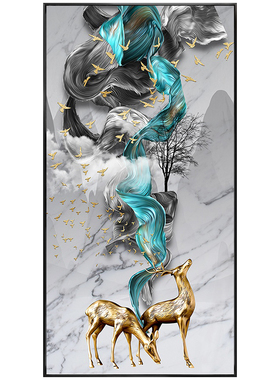 新中式走廊过道发财鹿风水竖版晶瓷画现代轻奢玄关壁画挂画麋鹿
