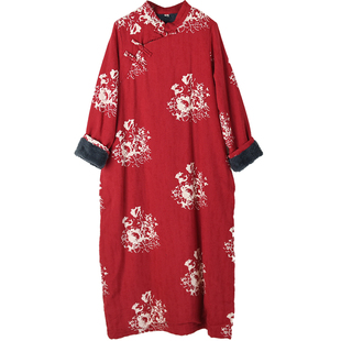 冬装民族风加绒大码连衣裙复古斜襟盘扣棉袍棉麻提花加厚长款棉衣