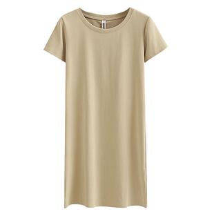 春夏新款韩版圆领纯白纯色休闲修身中长款短袖体恤女装连衣裙T恤