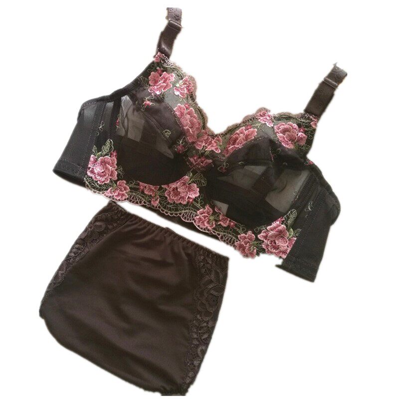 无海绵刺绣花朵性感超薄透明文胸套装透气大码内衣全罩杯缩胸胸罩
