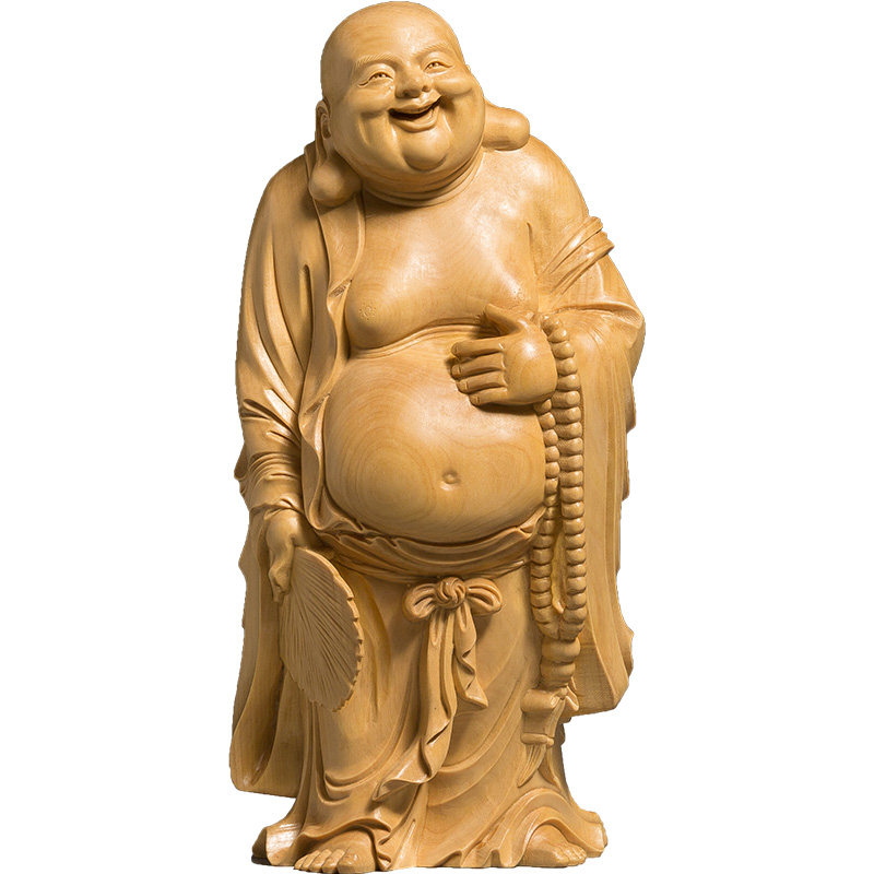 黄杨木雕家用供奉装饰雕刻工艺品手把件佛像大肚笑佛摆件拿扇弥勒