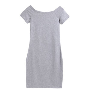 中长款性感漏肩露背大一字领纯棉短袖打底衫t恤女包臀连衣裙黑色