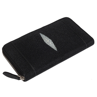 新款大珠女士珍珠鱼皮钱包真皮长款女款皮包双单拉链钱包