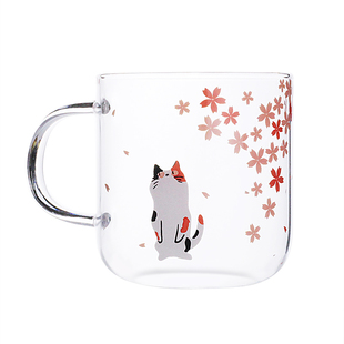 牛奶杯带把手抓杯咖啡杯礼物茶具300ml猫咪学生情侣玻璃冷饮杯