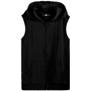 连帽卫衣男无袖运动背心男开衫卫衣青年纯色马甲外套 个性男士潮