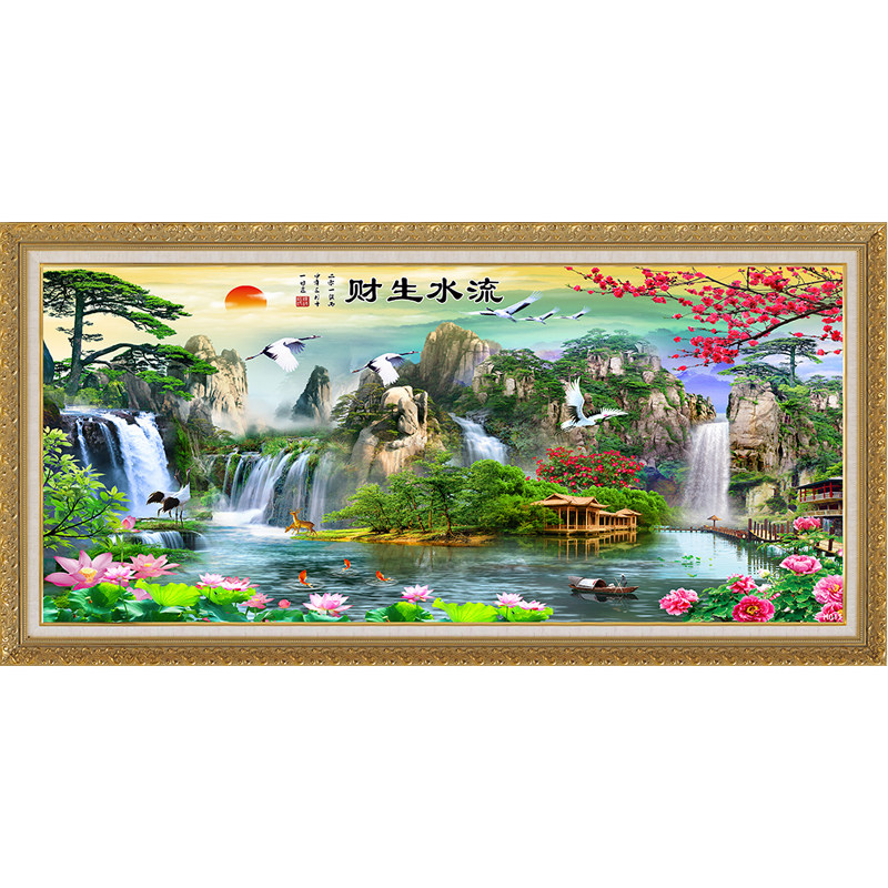 大气客厅装饰画招财风水画流水生财靠山图沙发背景墙山水风景壁画_虎窝淘
