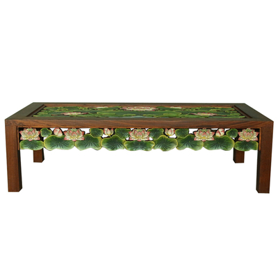 东南亚风格实木玻璃面手绘茶几