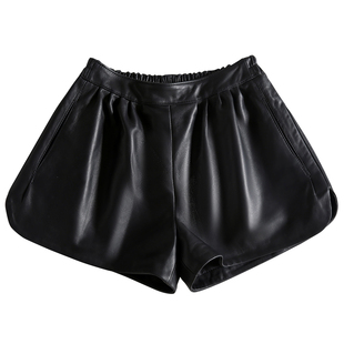 2025新款 绵羊皮真皮短裤a字松紧高腰显瘦阔腿裙裤靴裤皮裤秋冬女