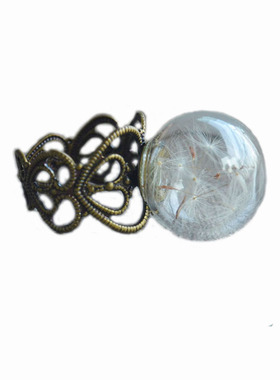 原创蒲公英玻璃球心型开口戒指