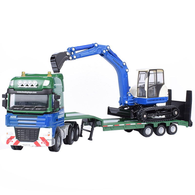 凯迪威合金工程车模型儿童玩具汽车半挂运输车平板拖车长途大卡车