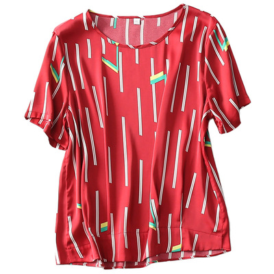 清库存 清仓 夏季女装上衣宽松大码圆领短袖条纹印花薄款真丝T恤