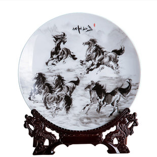 景德镇陶瓷器水墨八骏马图十寸装饰挂盘坐盘家居博古架办公室摆件