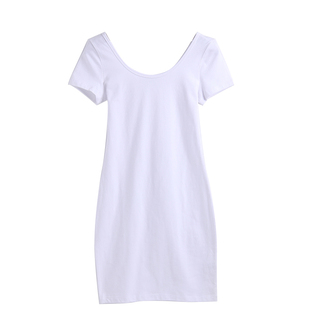 中长款包臀打底连衣裙大圆双U领口露背纯棉短袖小衫t恤女半袖上衣