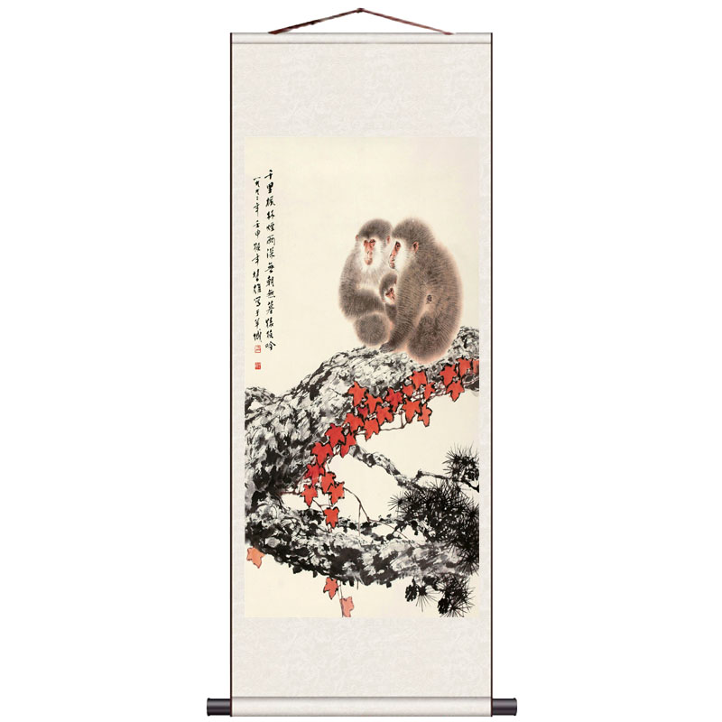 枫叶双猴富贵竹国画风水挂画家居装饰卷轴画荷花下山虎玄关丝绸画