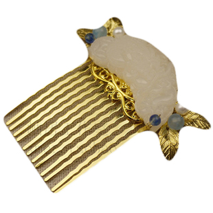 古风汉服古装拍摄cos白玉珍珠唐风发梳梳篦头饰金色13齿发簪簪子