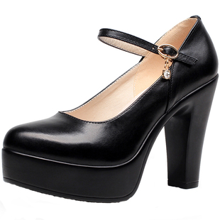 真皮圆头浅口11厘米超高跟鞋一字扣粗跟防水台模特鞋女33码-43码