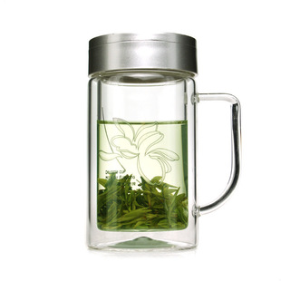 富光杯健牌双层玻璃杯700B-320 容量520ml带把手办公茶杯团购定制